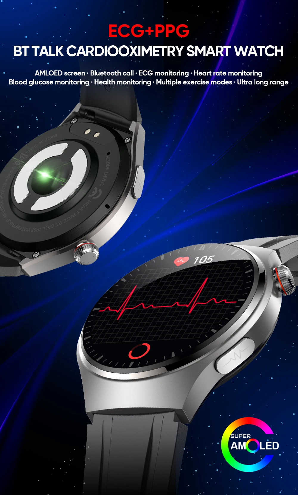 Xiaomi Mijia-reloj inteligente ECG + PPG para hombre y mujer, pulsera con llamadas, Bluetooth, control del ritmo cardíaco y de la salud, Pantalla AMOLED HD, control del azúcar en sangre