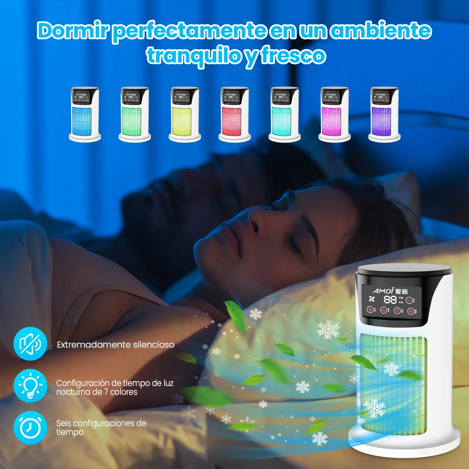 Aire acondicionado portátil USB, Mini humidificador purificador de refrigerador móvil con 6 velocidades/7 colores, temporizador de 1 ~ 6h, ventilador para el hogar/Oficina