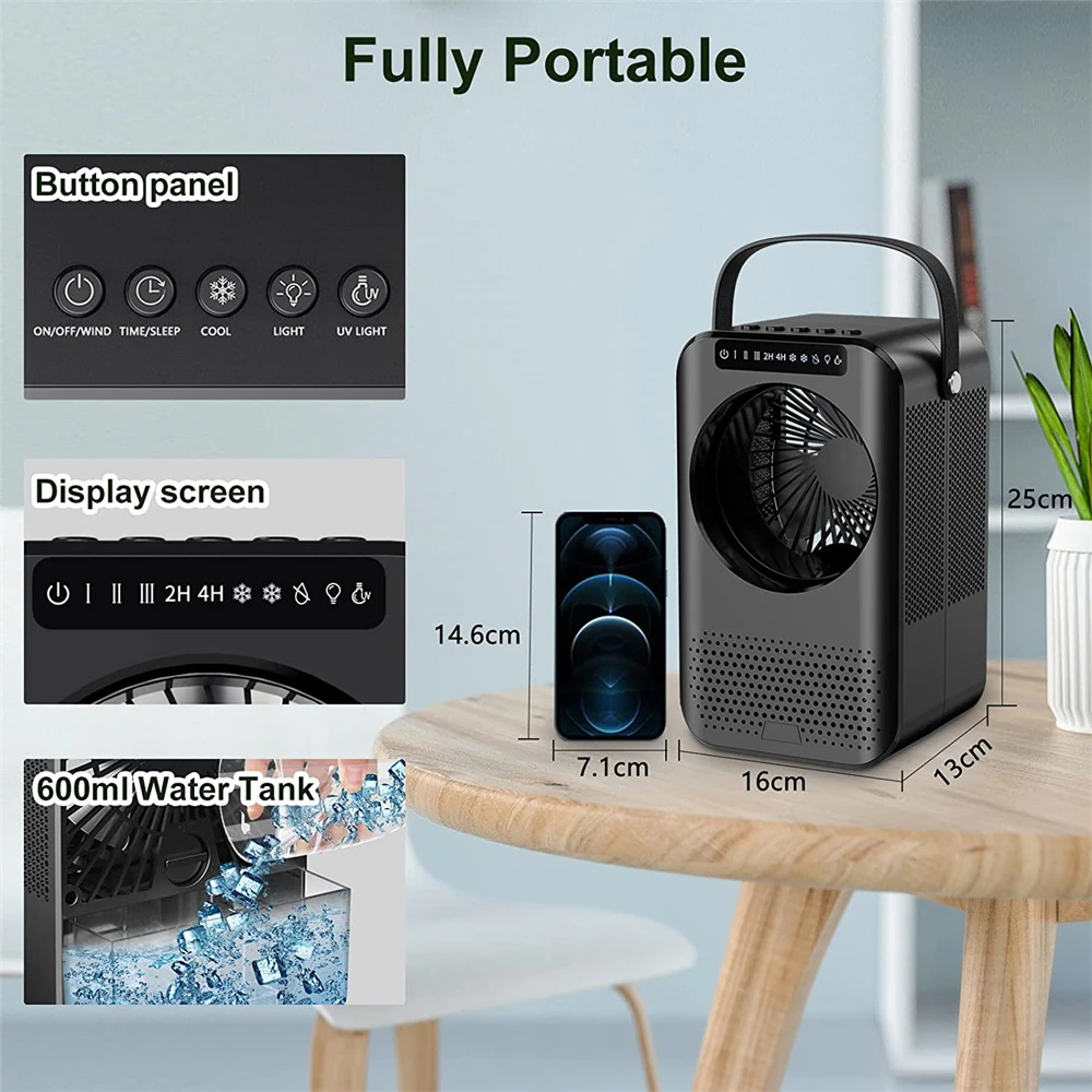 Aire acondicionado portátil USB, Mini humidificador purificador de refrigerador móvil con 6 velocidades/7 colores, temporizador de 1 ~ 6h, ventilador para el hogar/Oficina