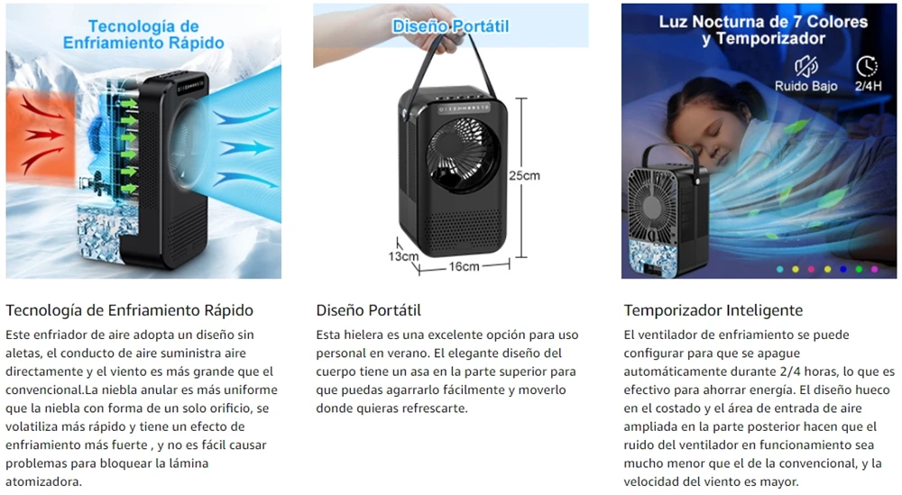 Aire acondicionado portátil USB, Mini humidificador purificador de refrigerador móvil con 6 velocidades/7 colores, temporizador de 1 ~ 6h, ventilador para el hogar/Oficina