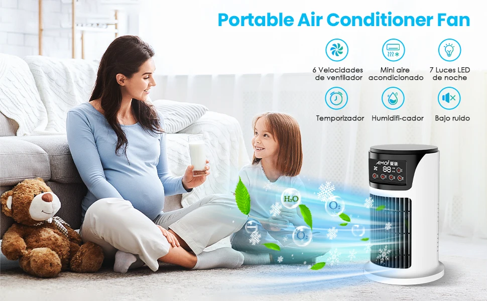 Aire acondicionado portátil USB, Mini humidificador purificador de refrigerador móvil con 6 velocidades/7 colores, temporizador de 1 ~ 6h, ventilador para el hogar/Oficina
