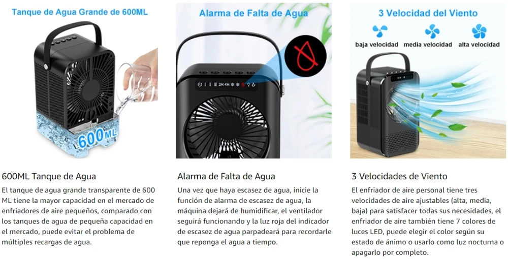 Aire acondicionado portátil USB, Mini humidificador purificador de refrigerador móvil con 6 velocidades/7 colores, temporizador de 1 ~ 6h, ventilador para el hogar/Oficina