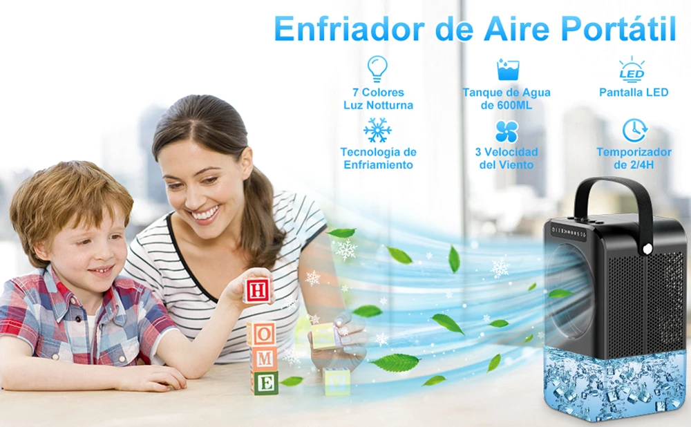 Aire acondicionado portátil USB, Mini humidificador purificador de refrigerador móvil con 6 velocidades/7 colores, temporizador de 1 ~ 6h, ventilador para el hogar/Oficina