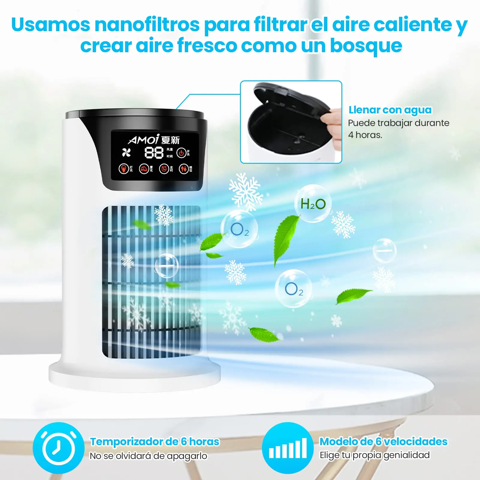 Aire acondicionado portátil USB, Mini humidificador purificador de refrigerador móvil con 6 velocidades/7 colores, temporizador de 1 ~ 6h, ventilador para el hogar/Oficina