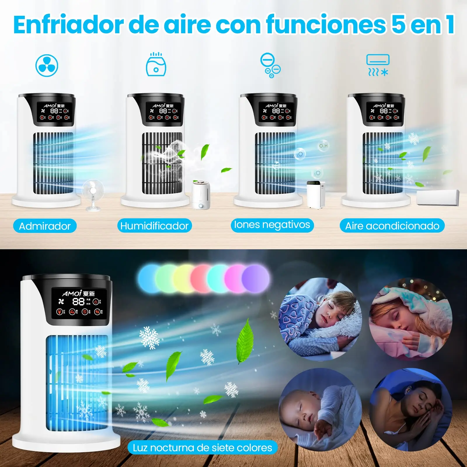 Aire acondicionado portátil USB, Mini humidificador purificador de refrigerador móvil con 6 velocidades/7 colores, temporizador de 1 ~ 6h, ventilador para el hogar/Oficina