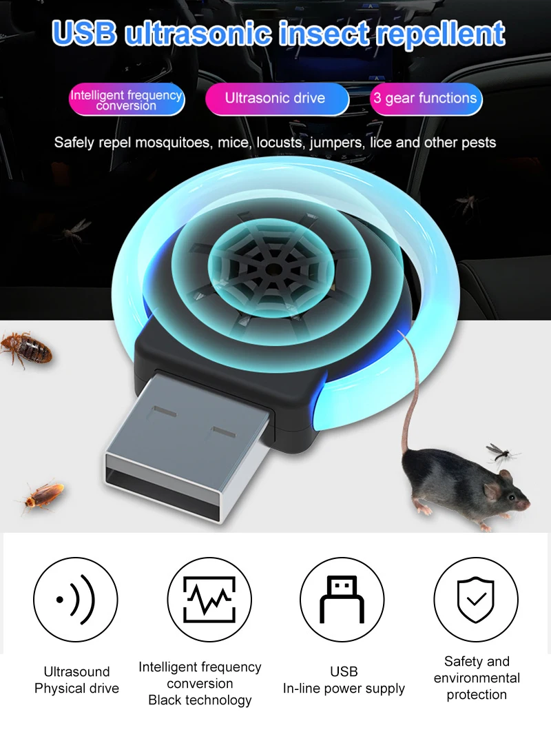 Repelente de plagas ultrasónico con luz USB, dispositivo electrónico para matar mosquitos, luz nocturna pequeña para el hogar