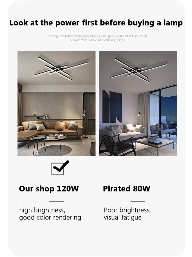 Lámpara de techo Led de estilo nórdico minimalista para dormitorio, tira de luces de color negro, cuadrada, creativa, para sala de estar