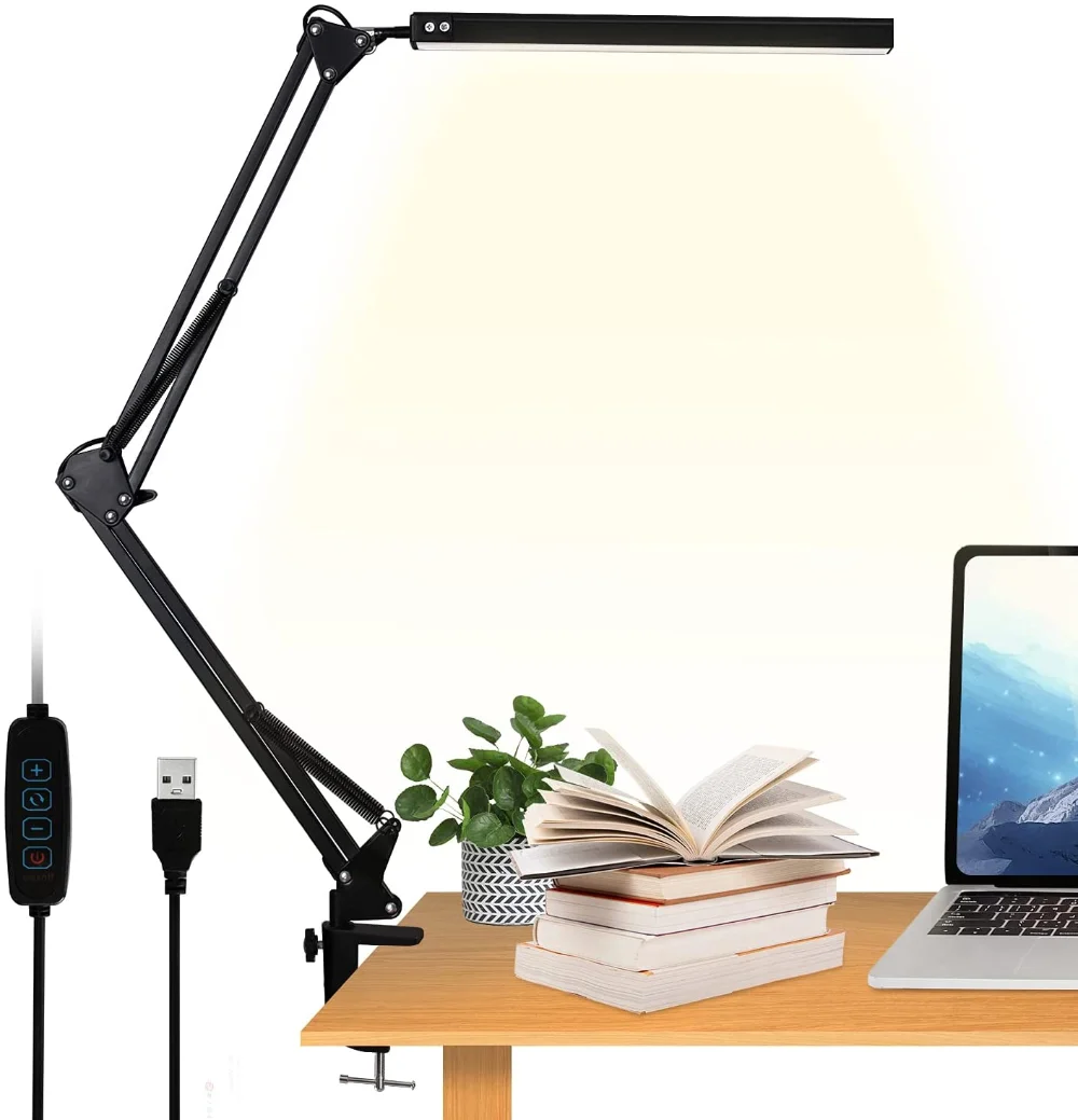 Lámpara LED de escritorio con abrazadera, brazo oscilante de 10W, regulable, cuidado ocular, 10 niveles de brillo, 3 modos de iluminación Lámpara LED de escritorio con abrazadera, brazo oscilante de 10W, regulable, cuidado ocular, 10 niveles de brillo, 3 modos de iluminación