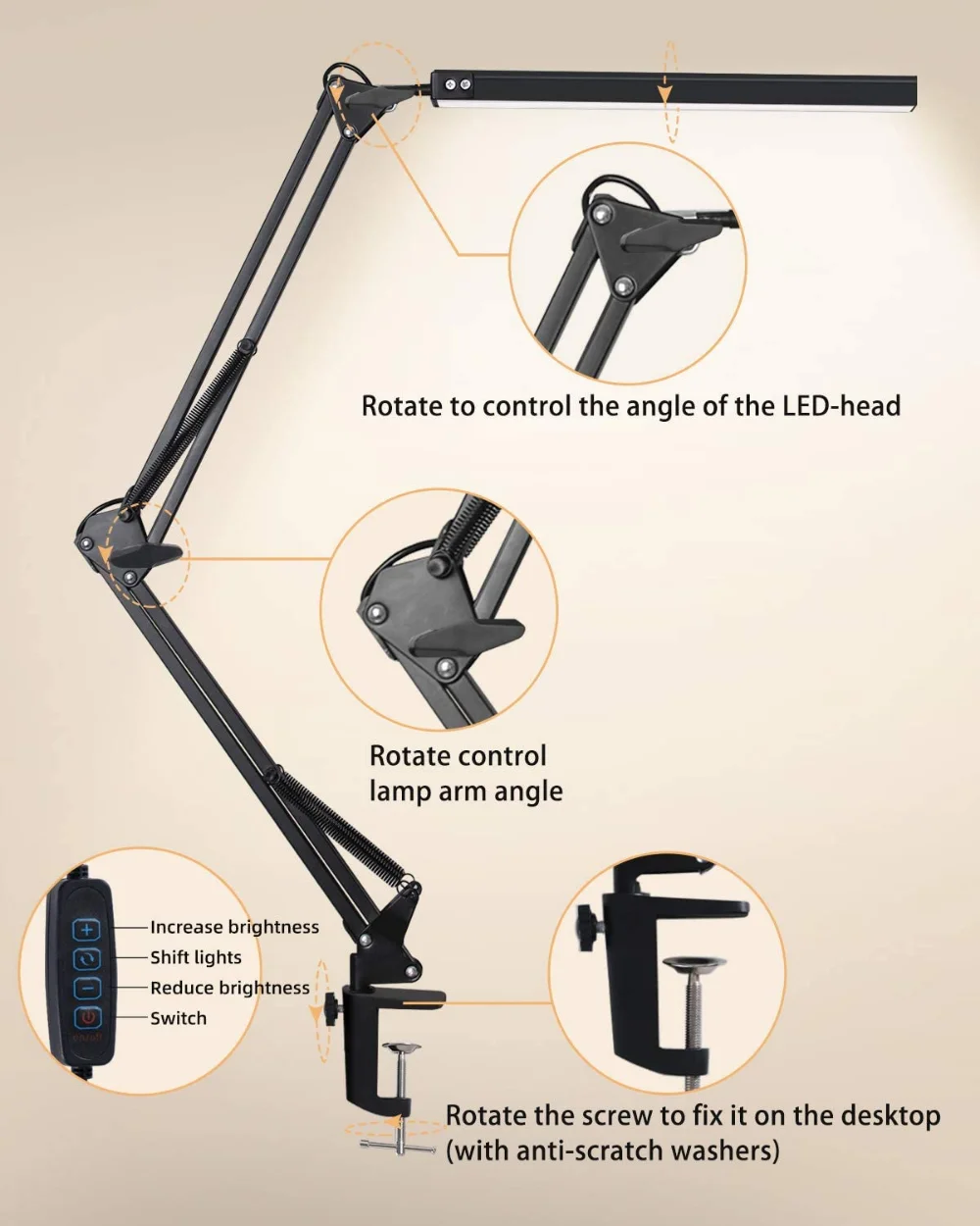 Lámpara LED de escritorio con abrazadera, brazo oscilante de 10W, regulable, cuidado ocular, 10 niveles de brillo, 3 modos de iluminación Lámpara LED de escritorio con abrazadera, brazo oscilante de 10W, regulable, cuidado ocular, 10 niveles de brillo, 3 modos de iluminación