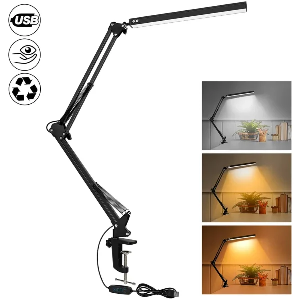 Lámpara LED de escritorio con abrazadera, brazo oscilante de 10W, regulable, cuidado ocular,