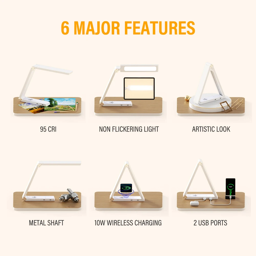 Lámpara de escritorio triangular única con carga inalámbrica Qi, lámpara de mesa de lectura LED para oficina, protección ocular, decoración de dormitorio de estudiantes, 10W Lámpara de escritorio triangular única con carga inalámbrica Qi, lámpara de mesa de lectura LED para oficina, protección ocular, decoración de dormitorio de estudiantes, 10W