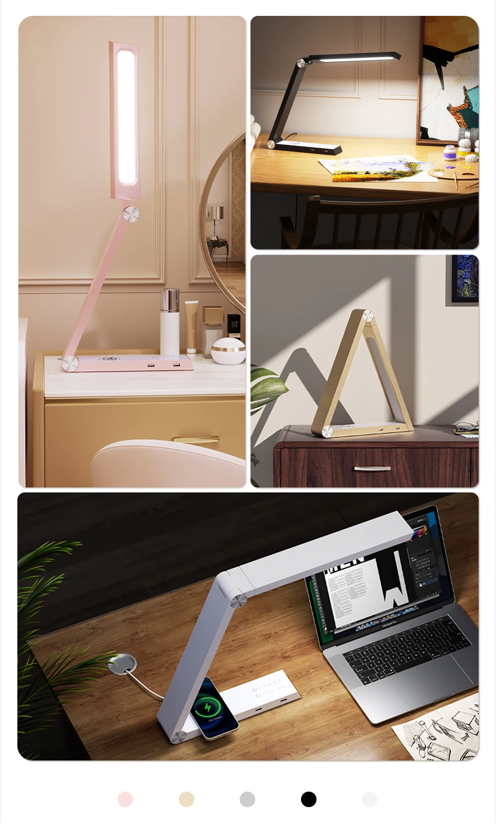 Lámpara de escritorio triangular única con carga inalámbrica Qi, lámpara de mesa de lectura LED para oficina, protección ocular, decoración de dormitorio de estudiantes, 10W