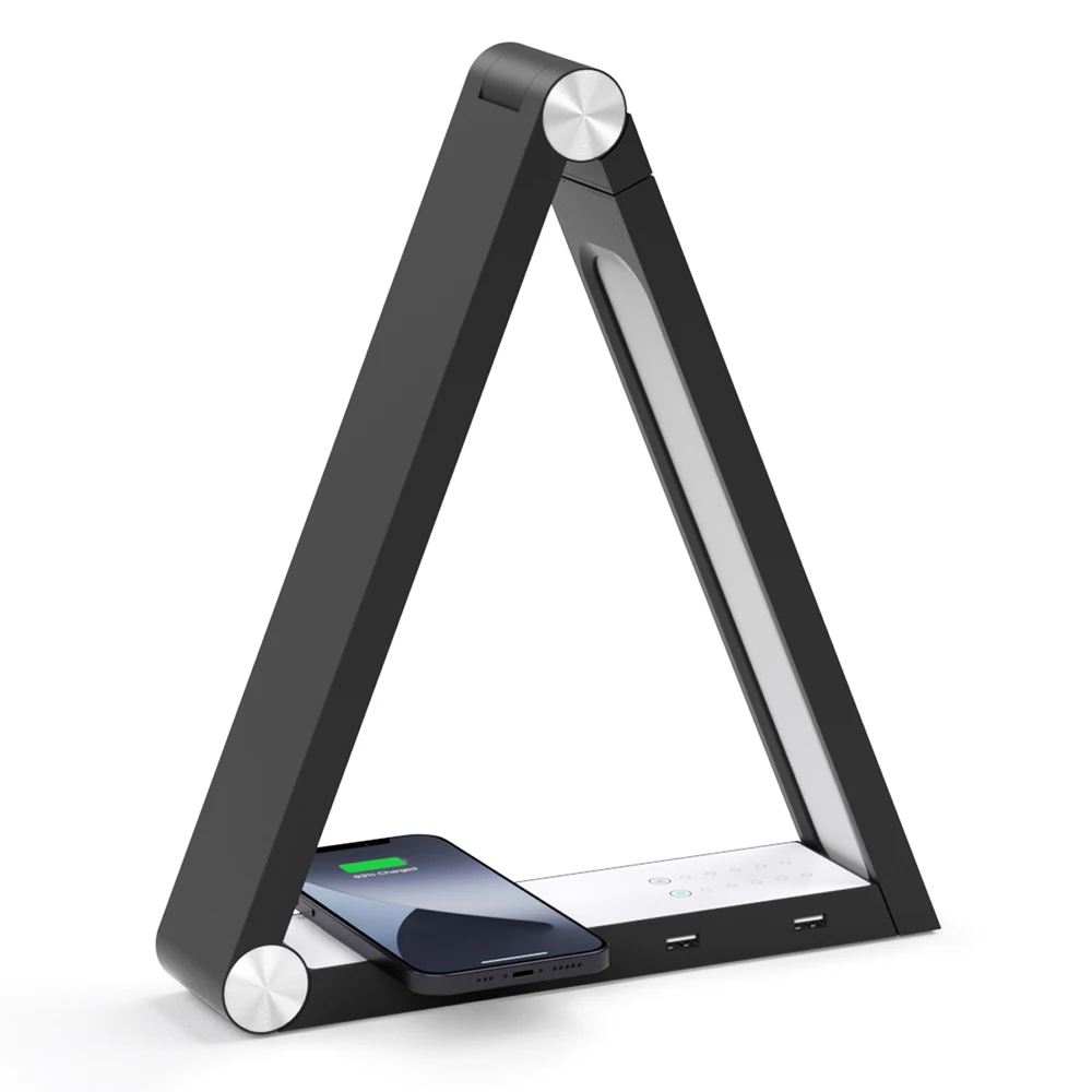 Lámpara de escritorio triangular única con carga inalámbrica Qi, lámpara de mesa de lectura LED para oficina, protección ocular, decoración de dormitorio de estudiantes, 10W