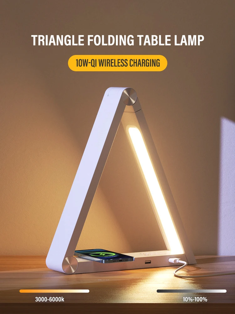 Lámpara de escritorio triangular única con carga inalámbrica Qi, lámpara de mesa de lectura LED para oficina, protección ocular, decoración de dormitorio de estudiantes, 10W Lámpara de escritorio triangular única con carga inalámbrica Qi, lámpara de mesa de lectura LED para oficina, protección ocular, decoración de dormitorio de estudiantes, 10W