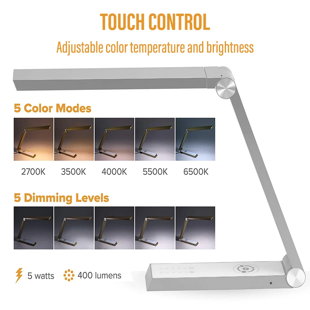 Lámpara de escritorio triangular única con carga inalámbrica Qi, lámpara de mesa de lectura LED para oficina, protección ocular, decoración de dormitorio de estudiantes, 10W