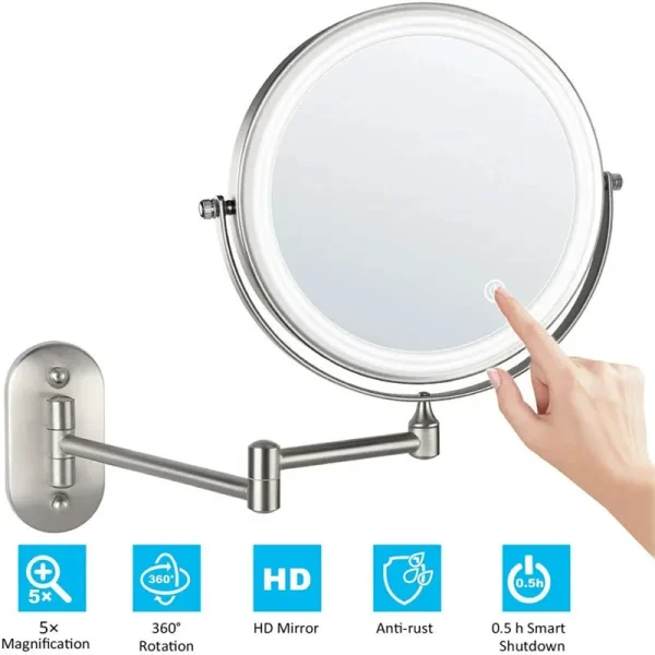 Espejo de maquillaje LED montado en la pared recargable, 8 pulgadas, doble cara.