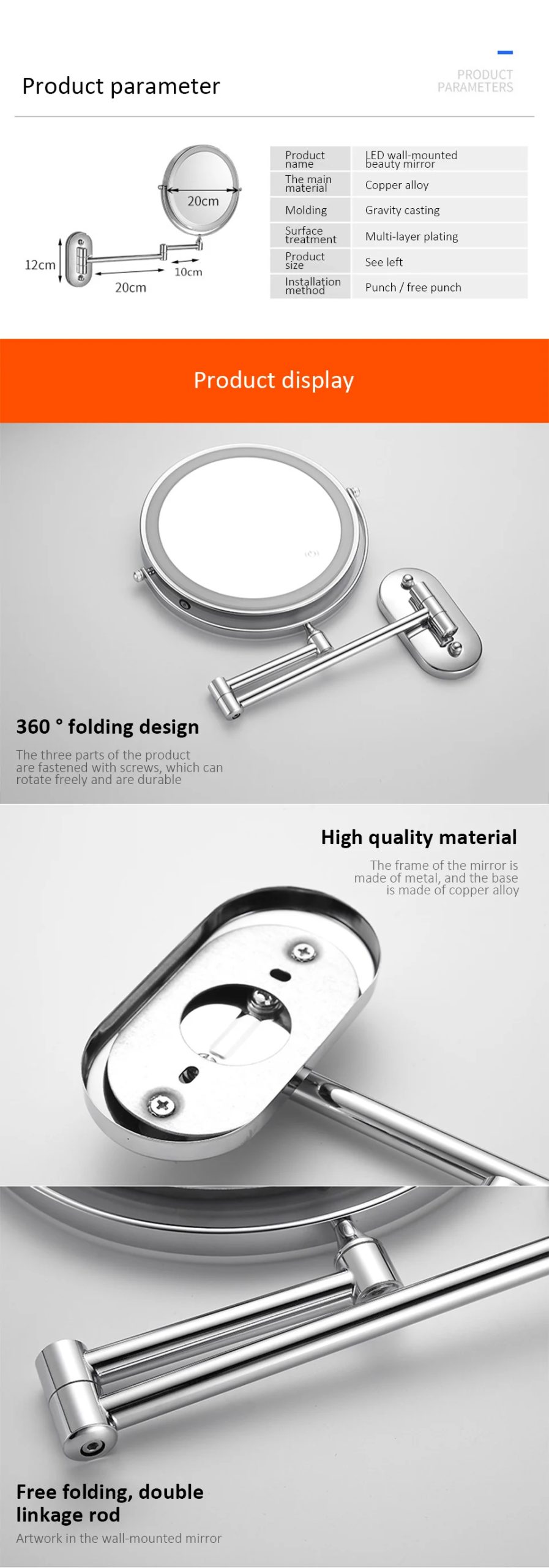 Espejo de maquillaje LED montado en la pared recargable, 8 pulgadas, doble cara, 3X/5X/7X/10X, espejo de baño con interruptor de luces de 3 colores