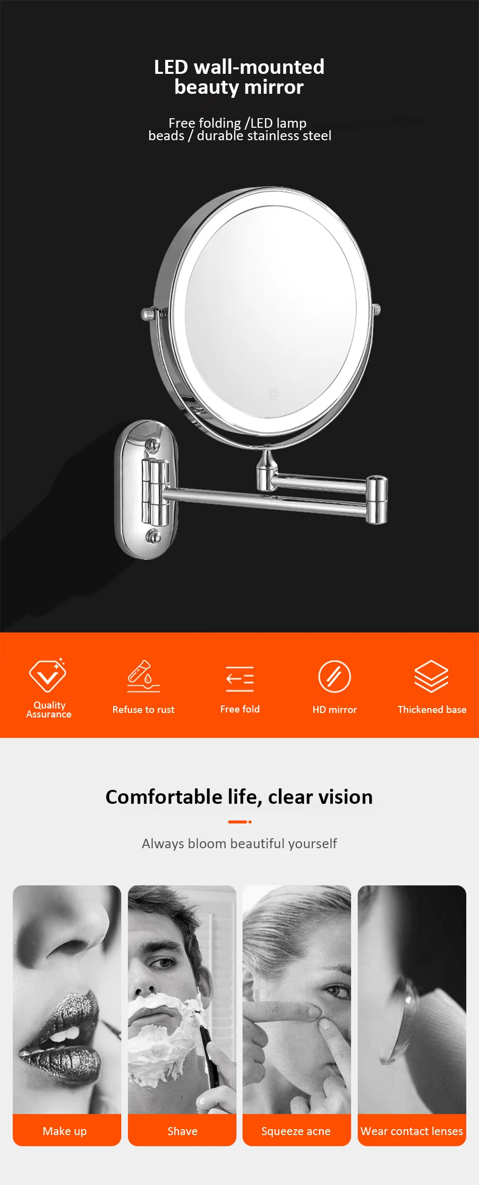 Espejo de maquillaje LED montado en la pared recargable, 8 pulgadas, doble cara, 3X/5X/7X/10X, espejo de baño con interruptor de luces de 3 colores