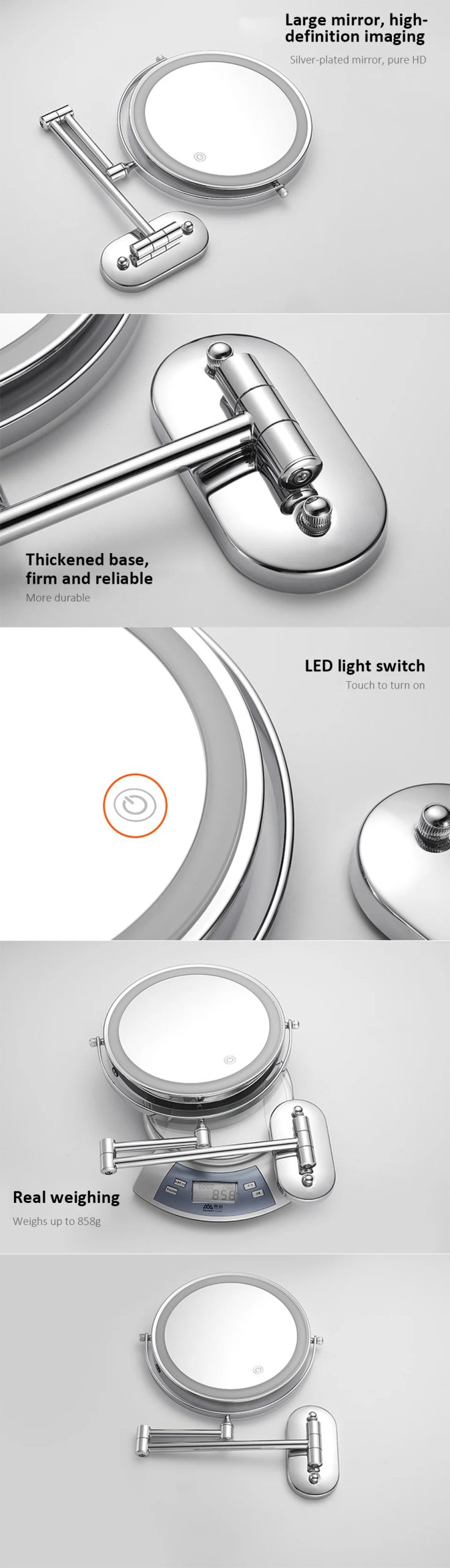 Espejo de maquillaje LED montado en la pared recargable, 8 pulgadas, doble cara, 3X/5X/7X/10X, espejo de baño con interruptor de luces de 3 colores