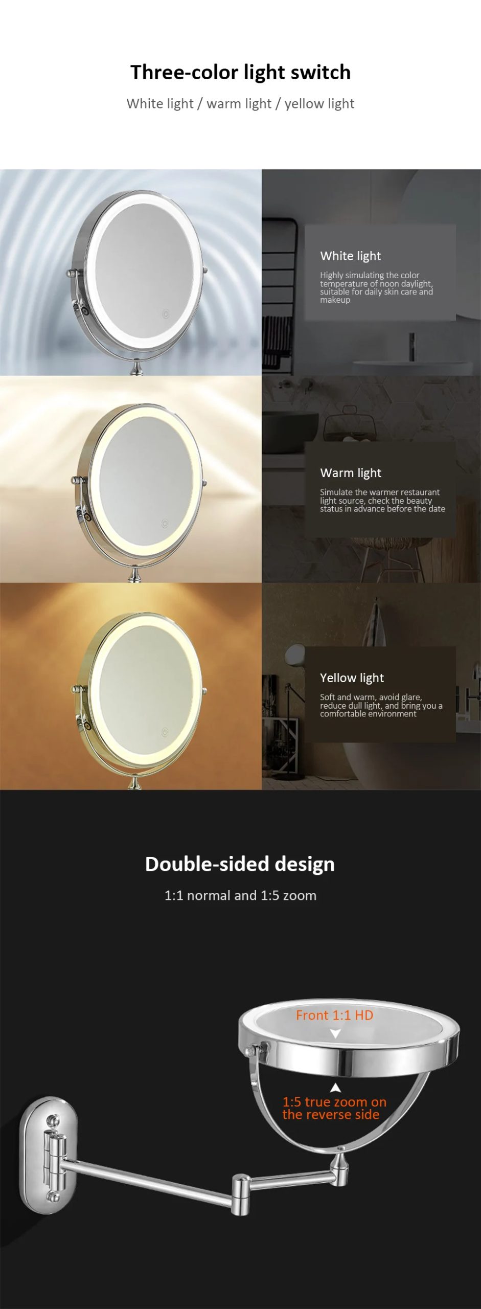 Espejo de maquillaje LED montado en la pared recargable, 8 pulgadas, doble cara, 3X/5X/7X/10X, espejo de baño con interruptor de luces de 3 colores
