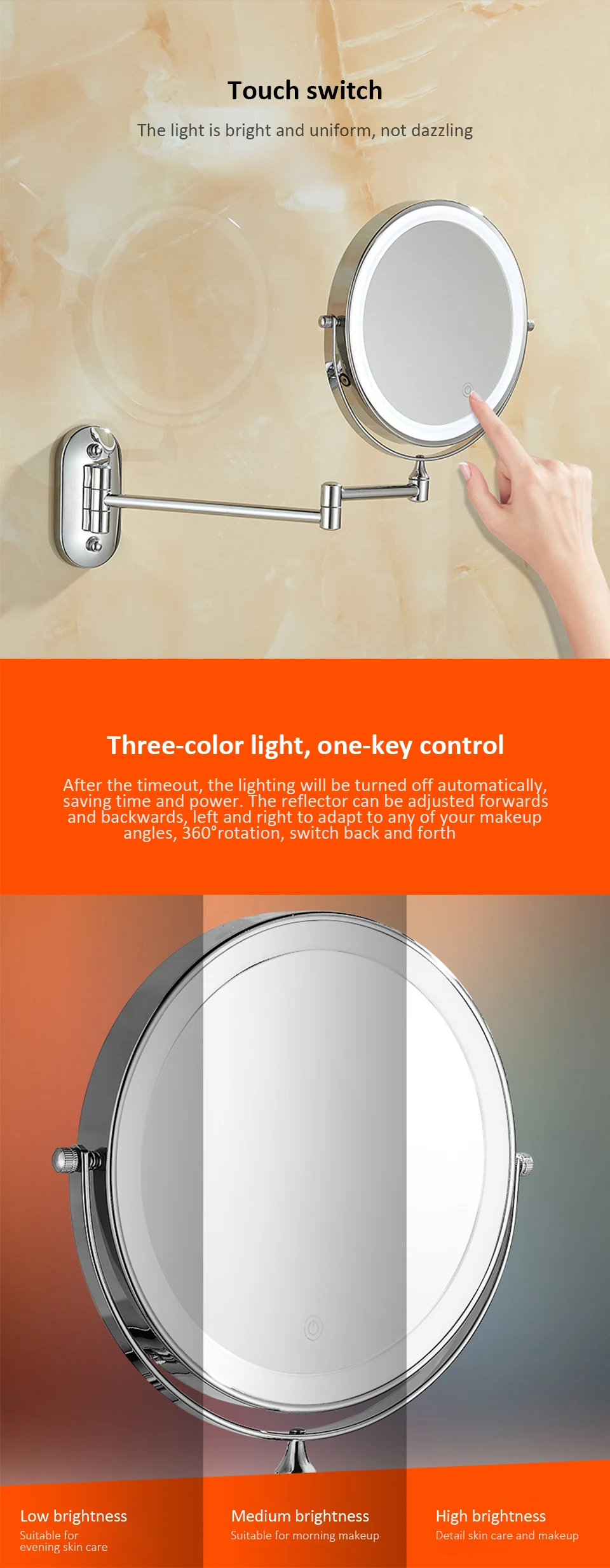 Espejo de maquillaje LED montado en la pared recargable, 8 pulgadas, doble cara, 3X/5X/7X/10X, espejo de baño con interruptor de luces de 3 colores