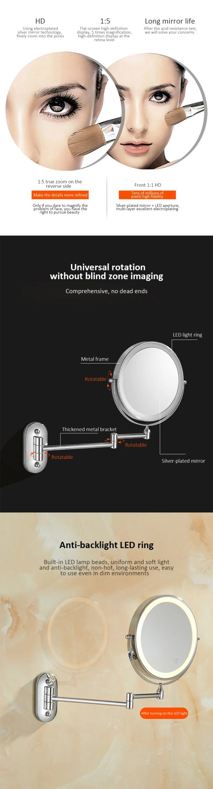 Espejo de maquillaje LED montado en la pared recargable, 8 pulgadas, doble cara, 3X/5X/7X/10X, espejo de baño con interruptor de luces de 3 colores