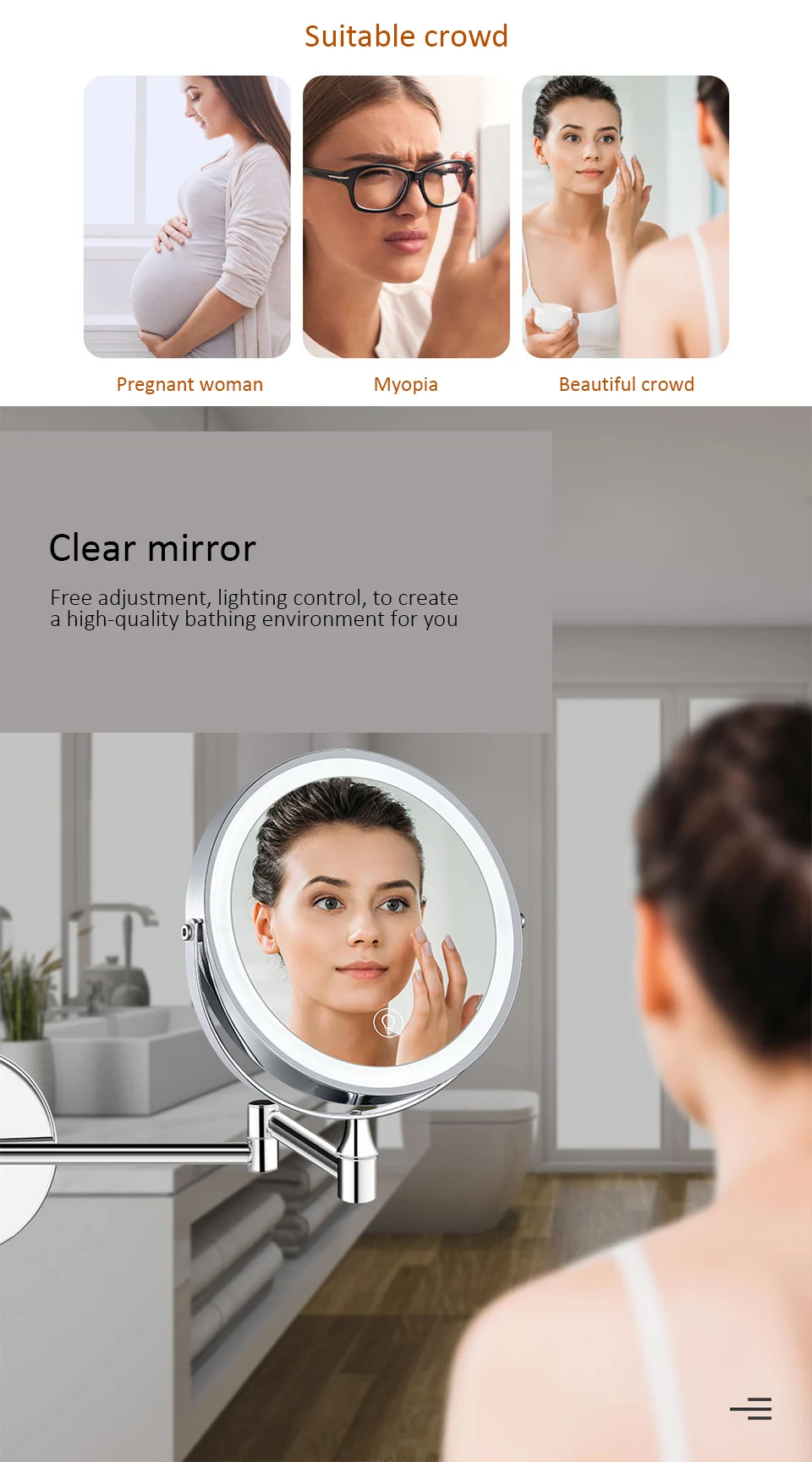 Espejo LED de doble cara para maquillaje, espejo de baño plegable montado en la pared, Control de temperatura de Color con lámpara, 7 aumentos y 10 aumentos, 8 pulgadas