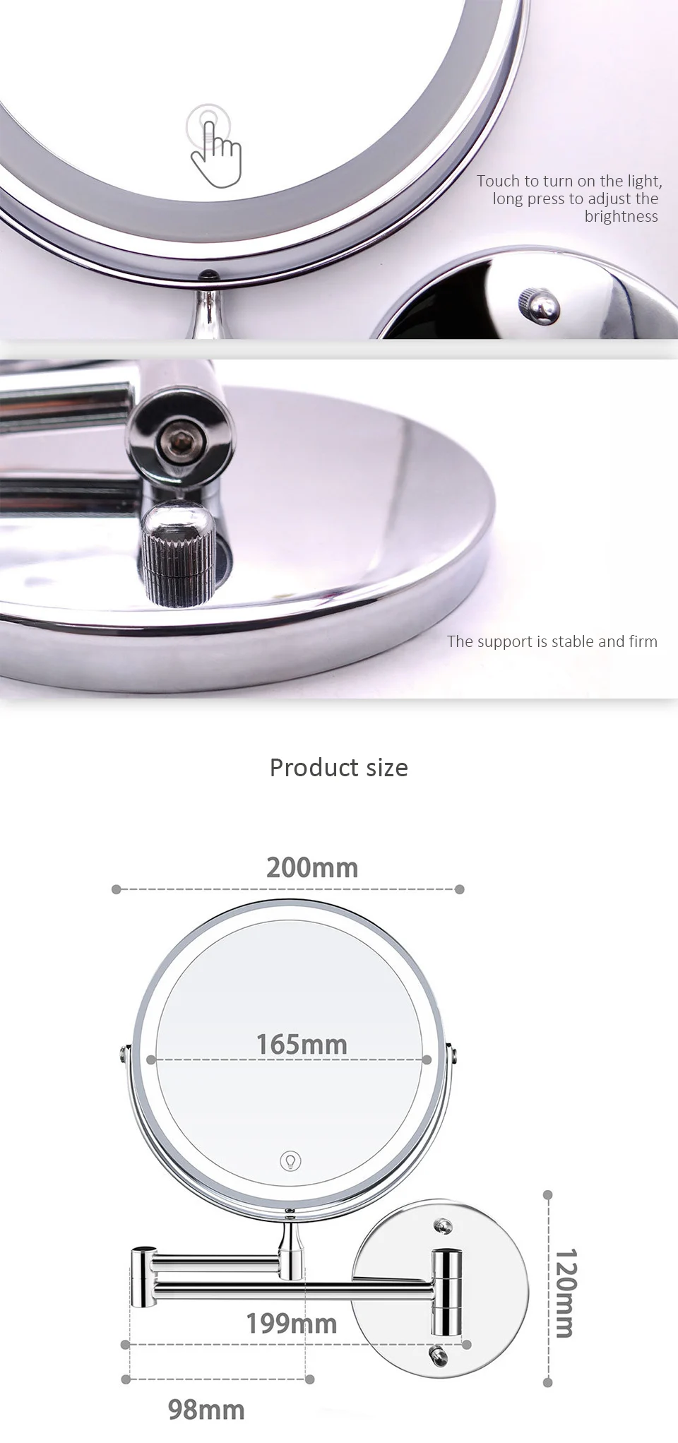 Espejo LED de doble cara para maquillaje, espejo de baño plegable montado en la pared, Control de temperatura de Color con lámpara, 7 aumentos y 10 aumentos, 8 pulgadas