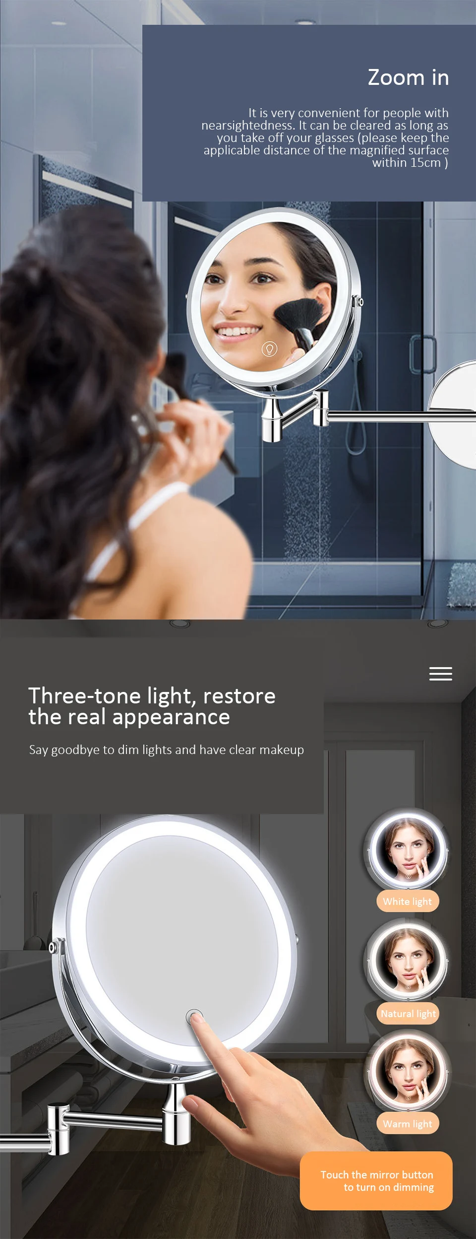 Espejo LED de doble cara para maquillaje, espejo de baño plegable montado en la pared, Control de temperatura de Color con lámpara, 7 aumentos y 10 aumentos, 8 pulgadas