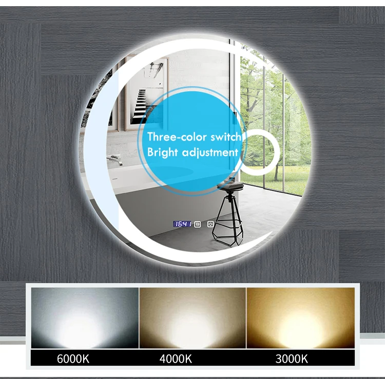 Espejo de baño con forma de luna redonda, luz LED ajustable de 3 colores con altavoz Bluetooth, espejo de maquillaje inteligente, 40/50/60cm Espejo de baño con forma de luna redonda, luz LED ajustable de 3 colores con altavoz Bluetooth, espejo de maquillaje inteligente, 40/50/60cm