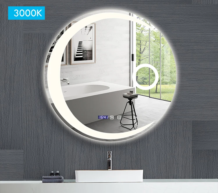 Espejo de baño con forma de luna redonda, luz LED ajustable de 3 colores con altavoz Bluetooth, espejo de maquillaje inteligente, 40/50/60cm Espejo de baño con forma de luna redonda, luz LED ajustable de 3 colores con altavoz Bluetooth, espejo de maquillaje inteligente, 40/50/60cm