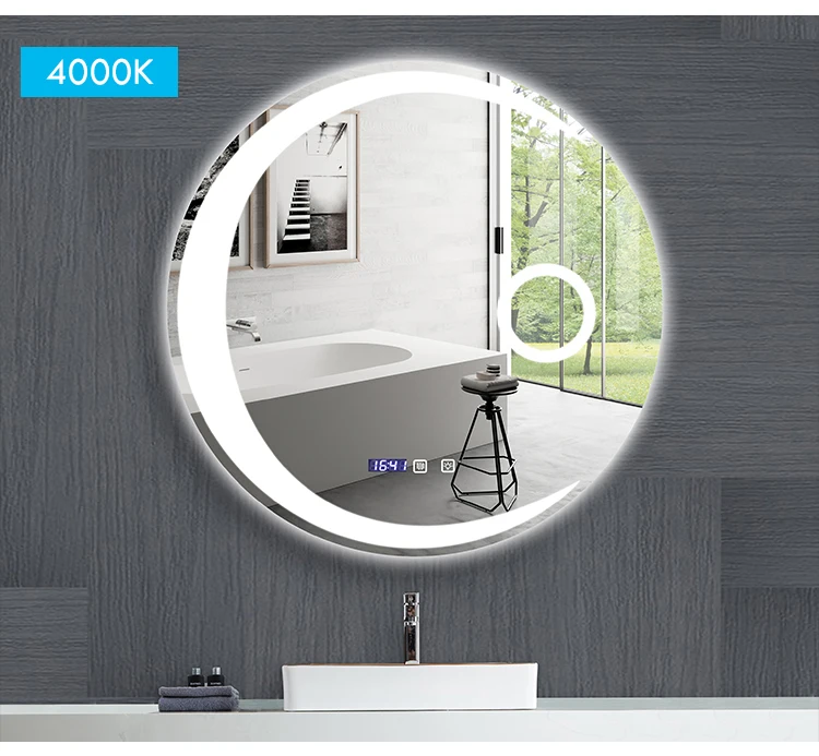 Espejo de baño con forma de luna redonda, luz LED ajustable de 3 colores con altavoz Bluetooth, espejo de maquillaje inteligente, 40/50/60cm Espejo de baño con forma de luna redonda, luz LED ajustable de 3 colores con altavoz Bluetooth, espejo de maquillaje inteligente, 40/50/60cm