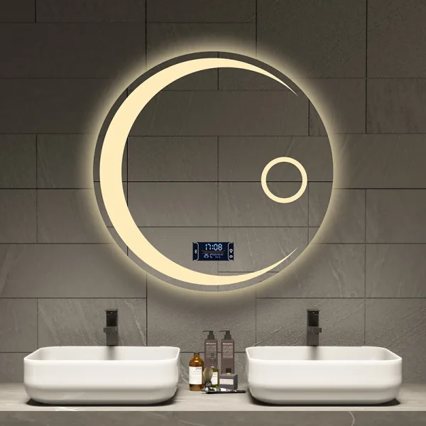Espejo de baño con forma de luna redonda, luz LED ajustable de 3 colores