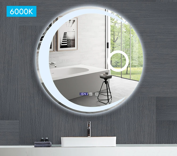 Espejo de baño con forma de luna redonda, luz LED ajustable de 3 colores con altavoz Bluetooth, espejo de maquillaje inteligente, 40/50/60cm Espejo de baño con forma de luna redonda, luz LED ajustable de 3 colores con altavoz Bluetooth, espejo de maquillaje inteligente, 40/50/60cm