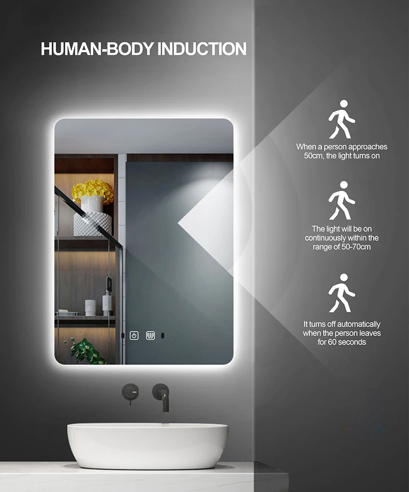 Espejo de baño rectangular de inducción del cuerpo humano, Bluetooth, LED de 3 colores, atenuador, desempañamiento, pantalla de tiempo y temperatura Espejo de baño rectangular de inducción del cuerpo humano, Bluetooth, LED de 3 colores, atenuador, desempañamiento, pantalla de tiempo y temperatura