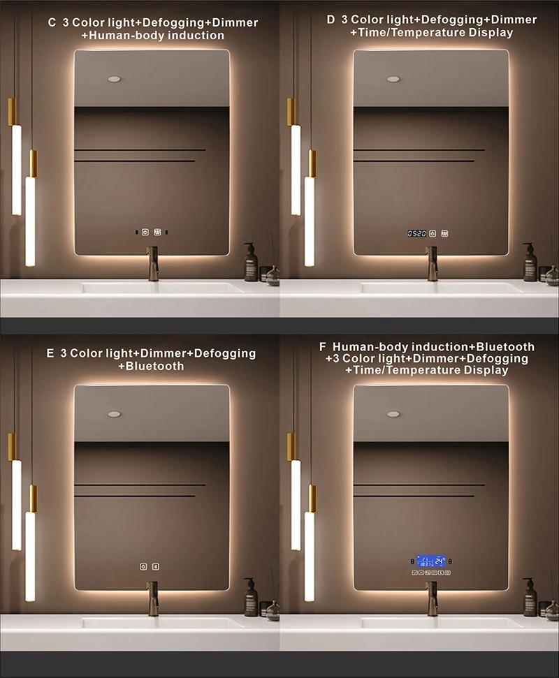 Espejo de baño rectangular de inducción del cuerpo humano, Bluetooth, LED de 3 colores, atenuador, desempañamiento, pantalla de tiempo y temperatura Espejo de baño rectangular de inducción del cuerpo humano, Bluetooth, LED de 3 colores, atenuador, desempañamiento, pantalla de tiempo y temperatura