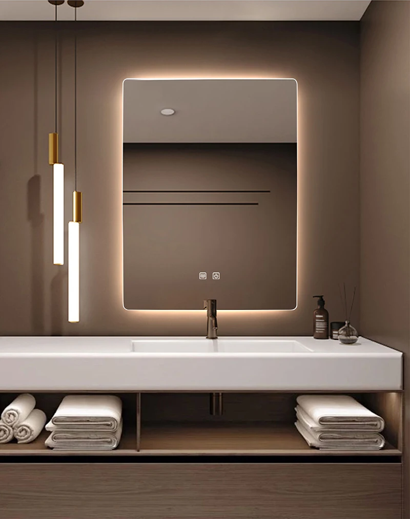 Espejo de baño rectangular de inducción del cuerpo humano, Bluetooth, LED de 3 colores, atenuador, desempañamiento, pantalla de tiempo y temperatura Espejo de baño rectangular de inducción del cuerpo humano, Bluetooth, LED de 3 colores, atenuador, desempañamiento, pantalla de tiempo y temperatura