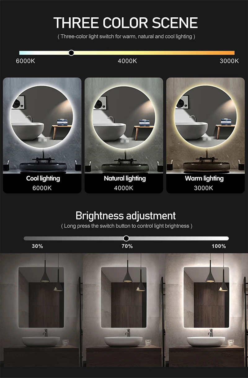 Espejo de baño rectangular de inducción del cuerpo humano, Bluetooth, LED de 3 colores, atenuador, desempañamiento, pantalla de tiempo y temperatura Espejo de baño rectangular de inducción del cuerpo humano, Bluetooth, LED de 3 colores, atenuador, desempañamiento, pantalla de tiempo y temperatura