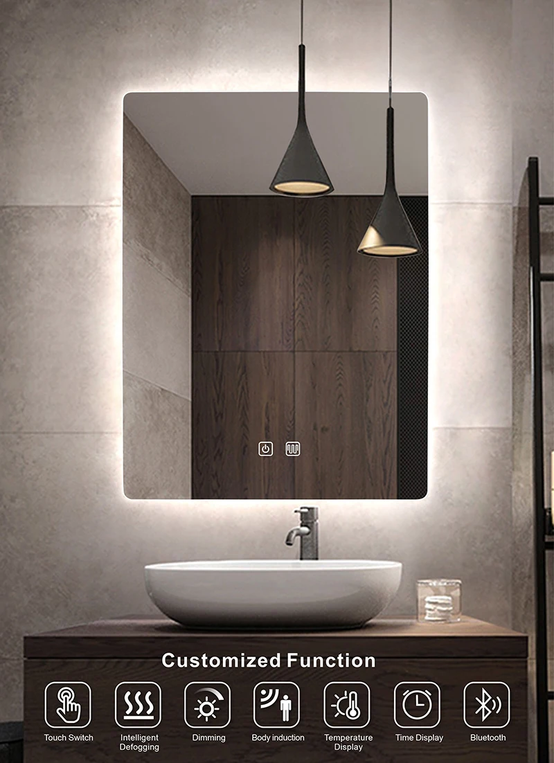 Espejo de baño rectangular de inducción del cuerpo humano, Bluetooth, LED de 3 colores, atenuador, desempañamiento, pantalla de tiempo y temperatura Espejo de baño rectangular de inducción del cuerpo humano, Bluetooth, LED de 3 colores, atenuador, desempañamiento, pantalla de tiempo y temperatura