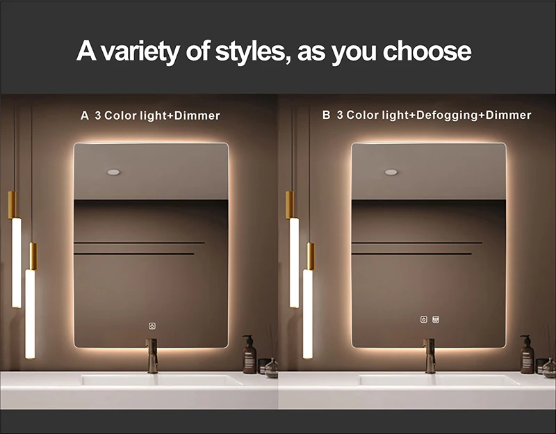 Espejo de baño rectangular de inducción del cuerpo humano, Bluetooth, LED de 3 colores, atenuador, desempañamiento, pantalla de tiempo y temperatura Espejo de baño rectangular de inducción del cuerpo humano, Bluetooth, LED de 3 colores, atenuador, desempañamiento, pantalla de tiempo y temperatura