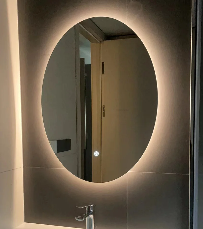Espejos de baño ovalados inteligentes modernos para el hogar, espejos de baño antivaho minimalistas para colgar en la pared, Espejos de maquillaje con pantalla táctil de luz LED