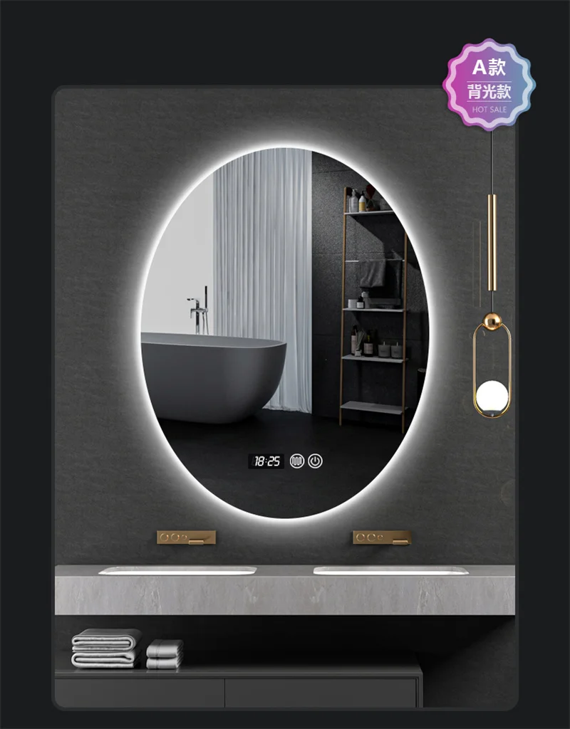 Espejos de baño ovalados inteligentes modernos para el hogar, espejos de baño antivaho minimalistas para colgar en la pared, Espejos de maquillaje con pantalla táctil de luz LED