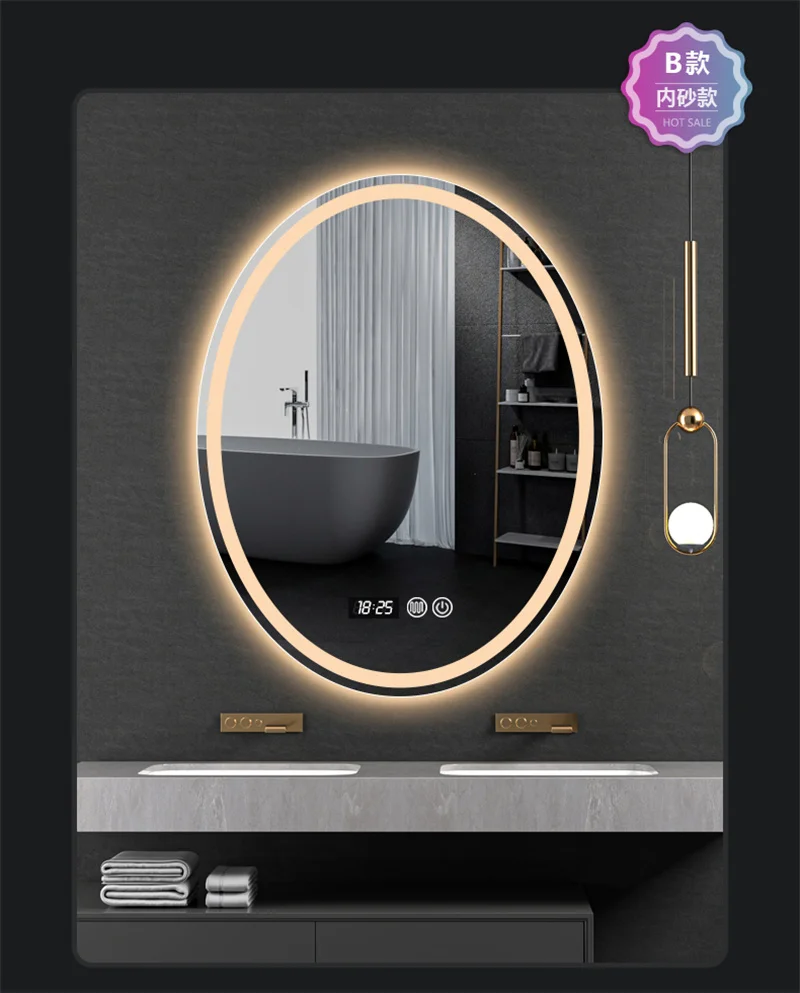 Espejos de baño ovalados inteligentes modernos para el hogar, espejos de baño antivaho minimalistas para colgar en la pared, Espejos de maquillaje con pantalla táctil de luz LED