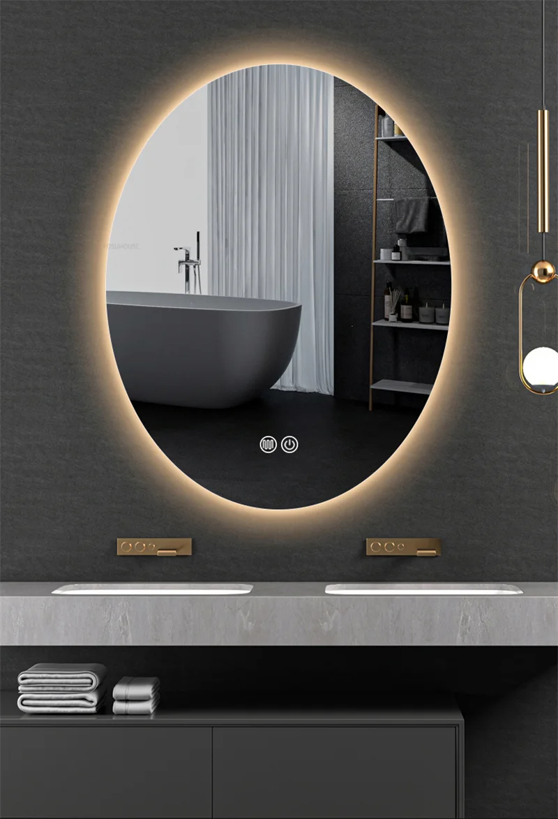Espejos de baño ovalados inteligentes modernos para el hogar, espejos de baño antivaho minimalistas para colgar en la pared, Espejos de maquillaje con pantalla táctil de luz LED