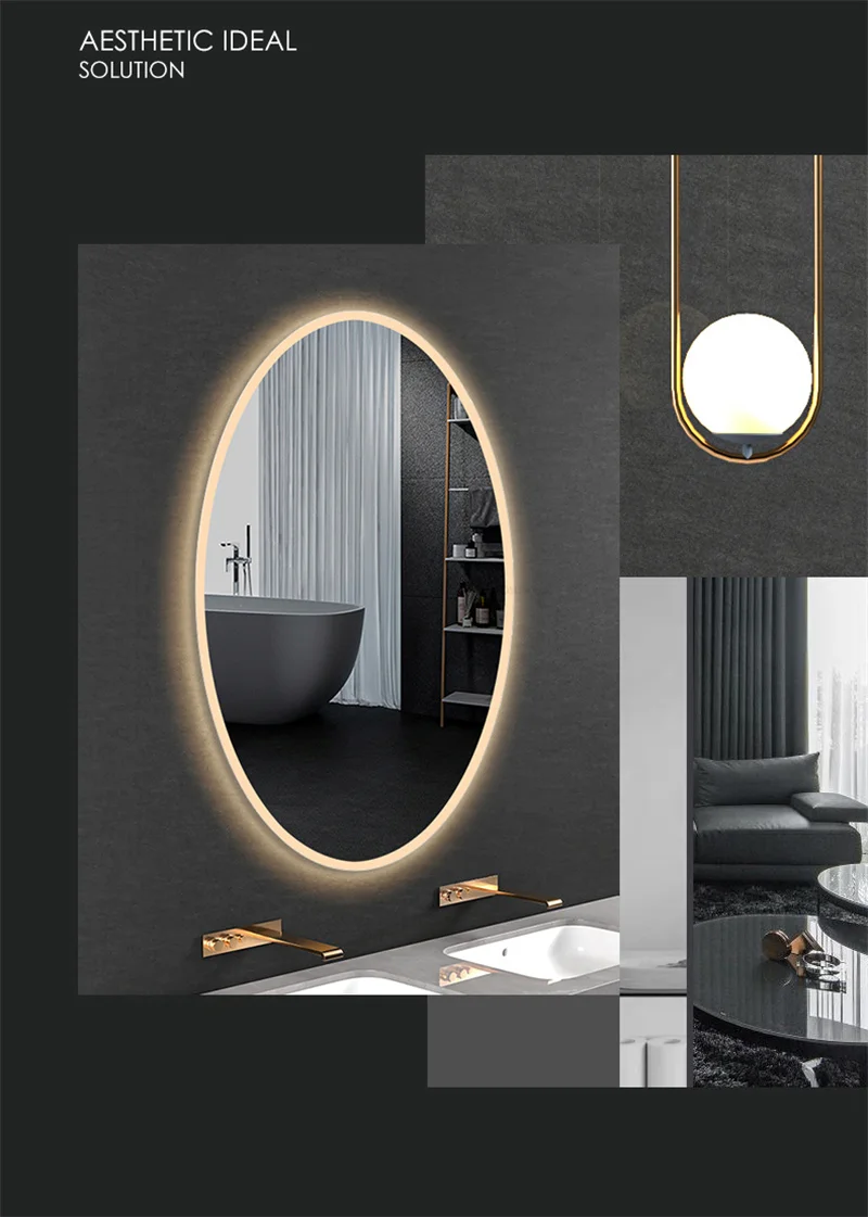 Espejos de baño ovalados inteligentes modernos para el hogar, espejos de baño antivaho minimalistas para colgar en la pared, Espejos de maquillaje con pantalla táctil de luz LED