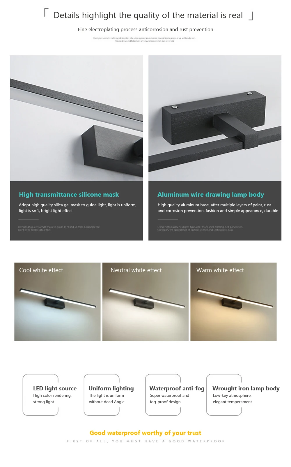 Lámpara LED de pared para cuarto de baño, luz moderna de aluminio en tres colores, blanco y negro, accesorio de lámpara de línea de espejo