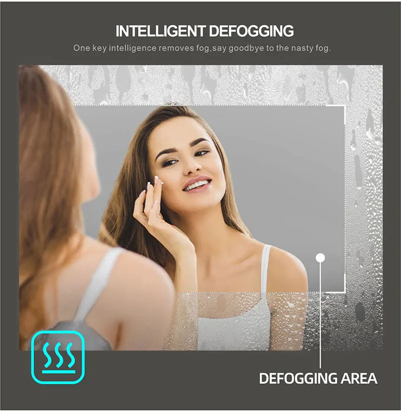 Espejo de maquillaje inteligente para baño, espejo rectangular con Bluetooth, luz LED, inducción del cuerpo humano, desnebulización, pantalla de tiempo, espejos colgantes de pared Espejo de maquillaje inteligente para baño, espejo rectangular con Bluetooth, luz LED, inducción del cuerpo humano, desnebulización, pantalla de tiempo, espejos colgantes de pared