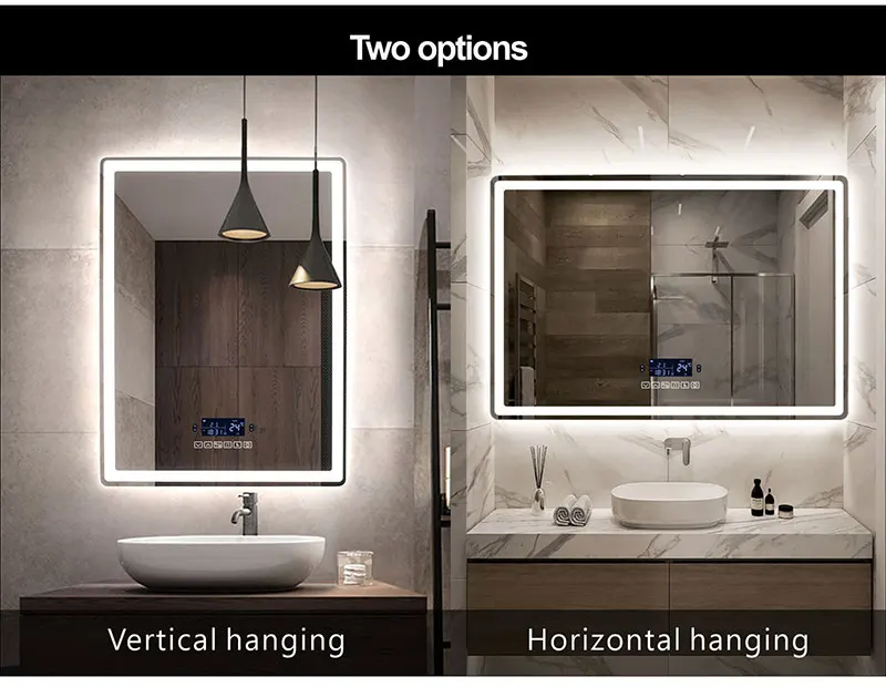 Espejo de maquillaje inteligente para baño, espejo rectangular con Bluetooth, luz LED, inducción del cuerpo humano, desnebulización, pantalla de tiempo, espejos colgantes de pared Espejo de maquillaje inteligente para baño, espejo rectangular con Bluetooth, luz LED, inducción del cuerpo humano, desnebulización, pantalla de tiempo, espejos colgantes de pared