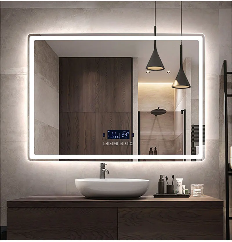 Espejo de maquillaje inteligente para baño, espejo rectangular con Bluetooth, luz LED, inducción del cuerpo humano, desnebulización, pantalla de tiempo, espejos colgantes de pared Espejo de maquillaje inteligente para baño, espejo rectangular con Bluetooth, luz LED, inducción del cuerpo humano, desnebulización, pantalla de tiempo, espejos colgantes de pared