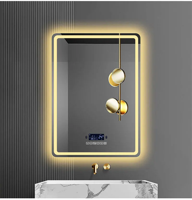 Espejo de maquillaje inteligente para baño, espejo rectangular con Bluetooth, luz LED, inducción del cuerpo humano, desnebulización, pantalla de tiempo, espejos colgantes de pared Espejo de maquillaje inteligente para baño, espejo rectangular con Bluetooth, luz LED, inducción del cuerpo humano, desnebulización, pantalla de tiempo, espejos colgantes de pared